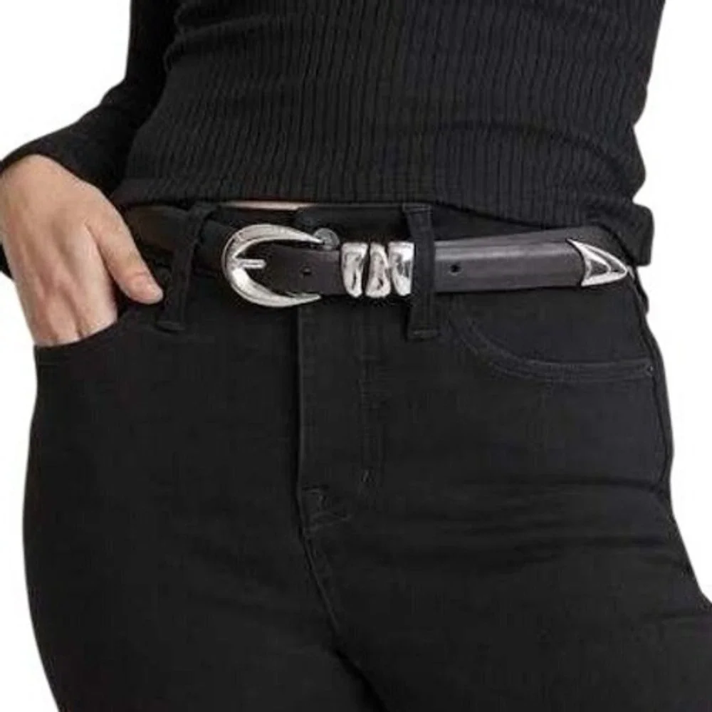 Madewell Triple Metal Keeper Leather Belt Womens S Black Silver Western Indie